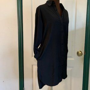 Black Button Down Shirt Dress with Pockets Sash Collar